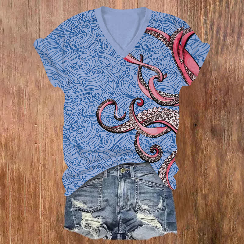 Japanese Ocean Wave Octopus Tentacles Pattern Print V-neck T-shirt - Blue - US32-34(5XL) - image 1