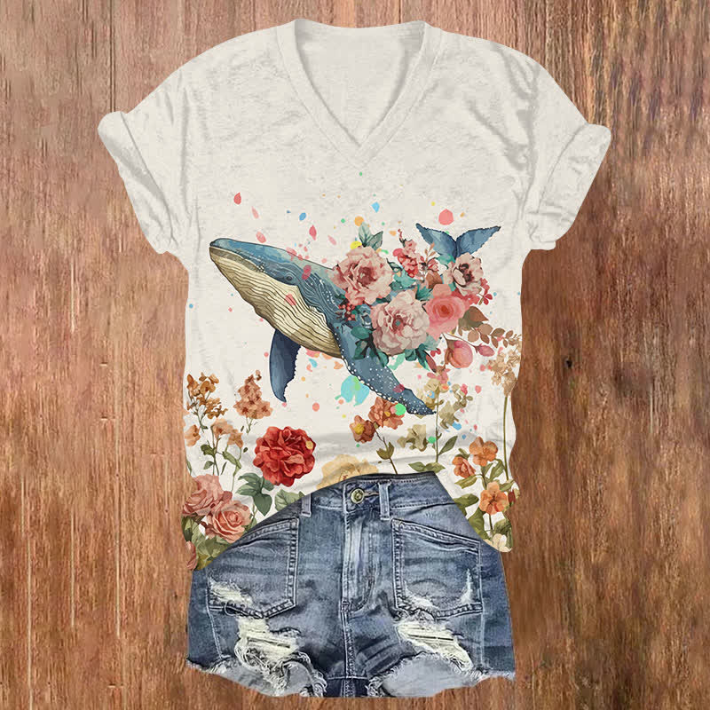 Japanese Oil Painting Rose Blossom & Whale Art Print V-neck T-shirt - Beige - US32-34(5XL) - image 1