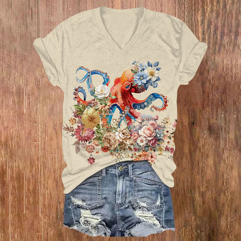  Japanese Oil Painting Rose Blossom & Octopu Art Print V-neck T-shirt - Apricot - US32-34(5XL) - image 1