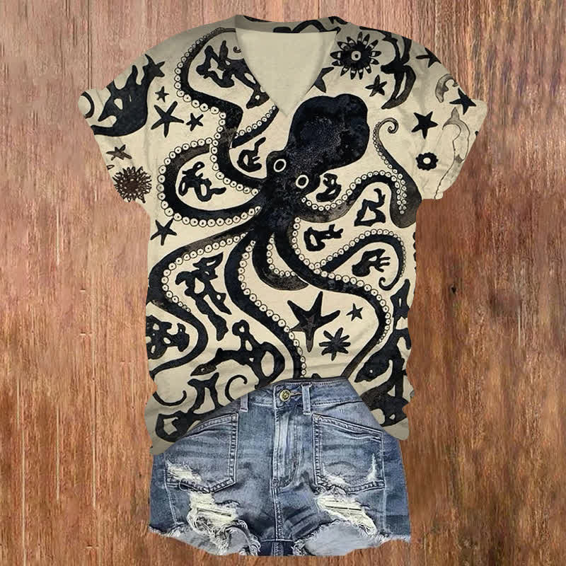 Star And Moon Creative Octopus Print V-neck T-shirt - Black - US32-34(5XL) - image 1