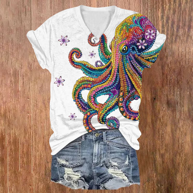 Creative Colorful Gemstone Octopus Print V-neck T-shirt - White - US32-34(5XL) - image 1