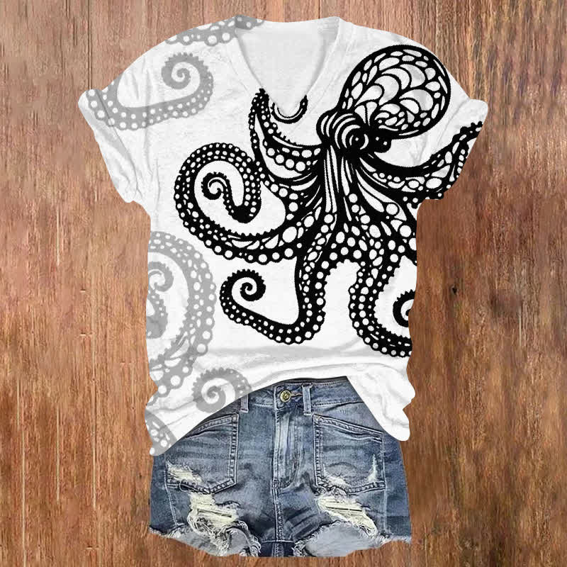 Creative Hollow Octopus Print V-neck T-shirt - White - US32-34(5XL) - image 1