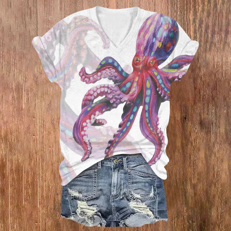 Creative Octopus Oil Painting Print V-neck T-shirt - Purple - US32-34(5XL) - image 1