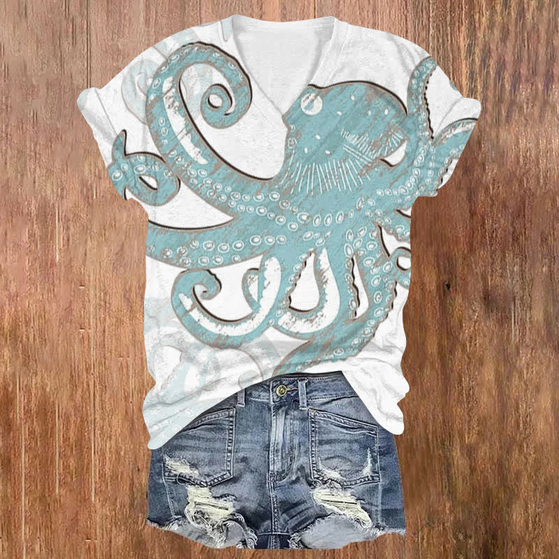 Retro Distressed Octopus Print V-neck T-shirt - Green - US32-34(5XL) - image 1