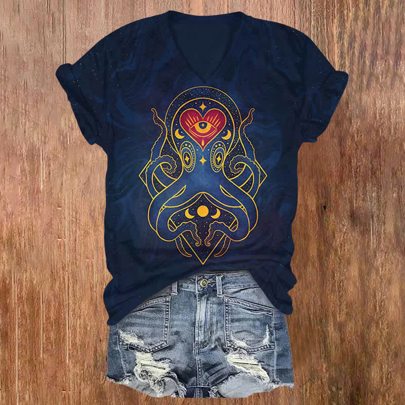 Vintage Star Moon Tarot Octopus Print V-neck T-shirt - Dark Blue - US32-34(5XL) - image 1