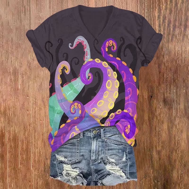 Fantasy Octopus Tentacle Print V-neck T-shirt - Purple - US32-34(5XL) - image 1