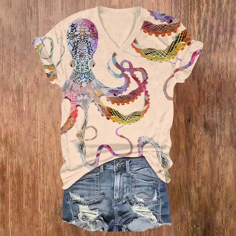 Creative Mottled Colorful Octopus Art Print V-neck T-shirt - Pink - US32-34(5XL) - image 2