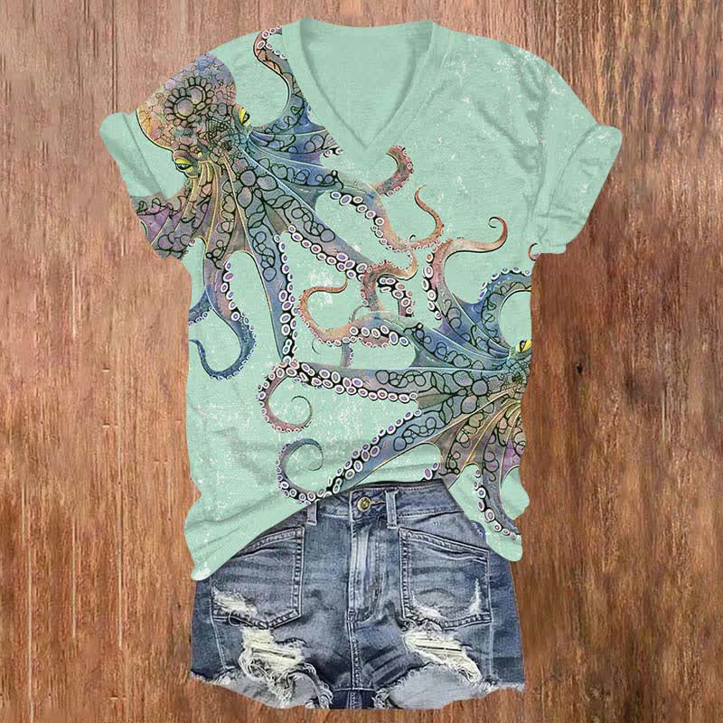 Vintage Watercolor Octopus Partner Art Print V-neck T-shirt - Green - US32-34(5XL) - image 2