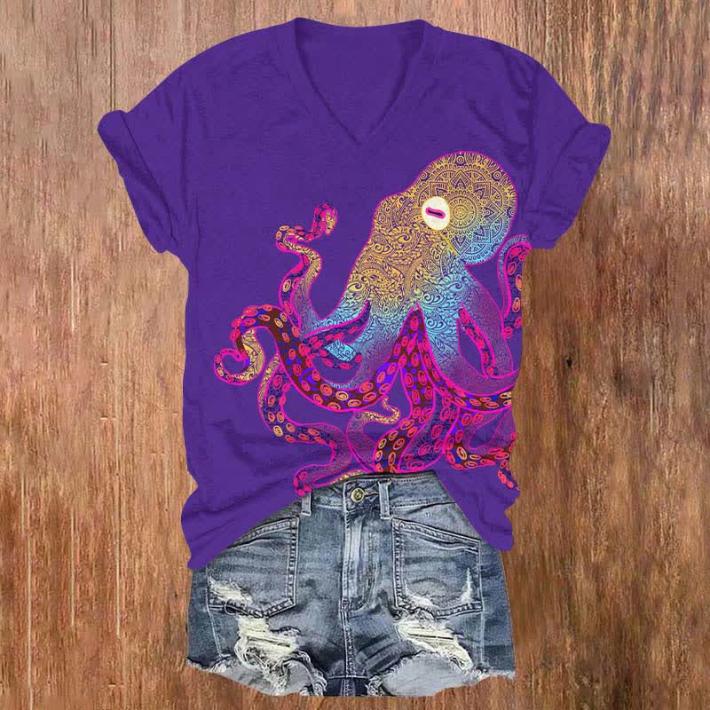 Creative Leisurely Blue-ringed Octopus Art Print V-neck T-shirt - Purple - US32-34(5XL) - image 5