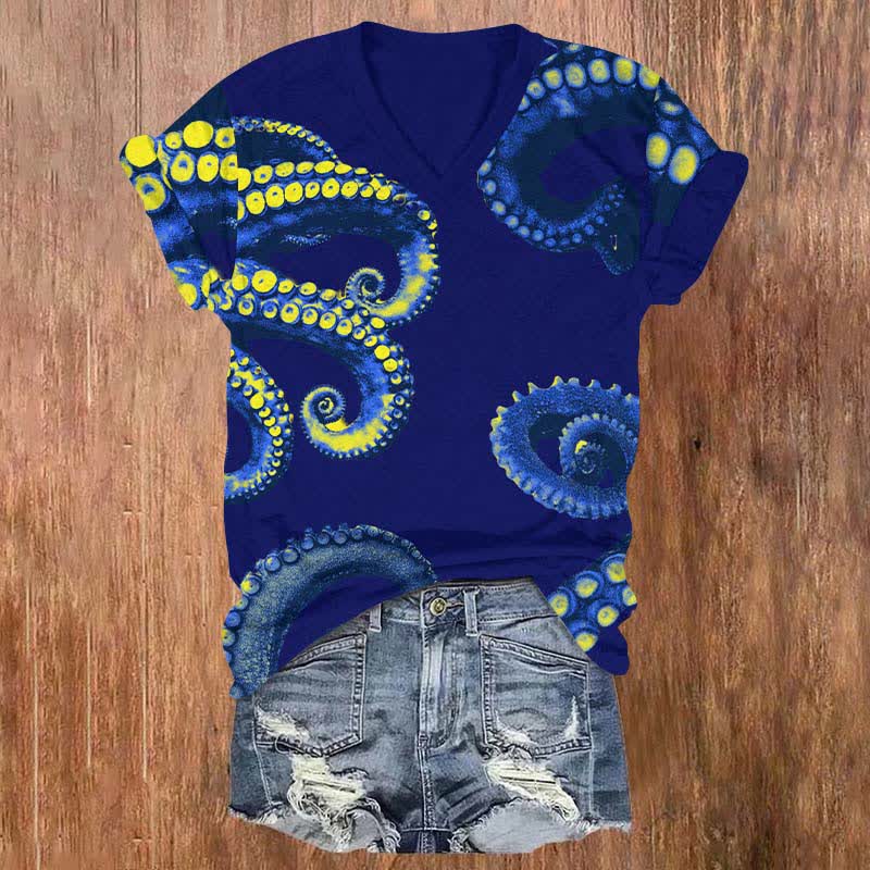 Creative Contrast Octopus Tentacles Art Print V-neck T-shirt - Blue - US32-34(5XL) - image 1