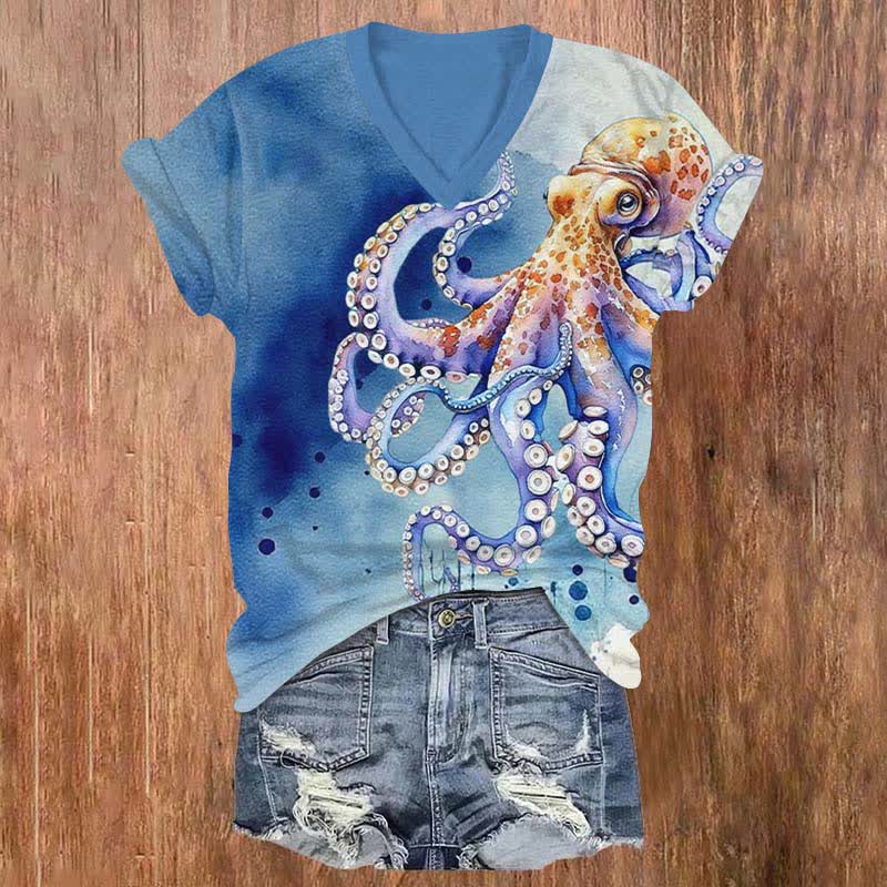 Vintage Watercolor Blue-ringed Octopus Art Print V-neck T-shirt - Blue - US32-34(5XL) - image 2