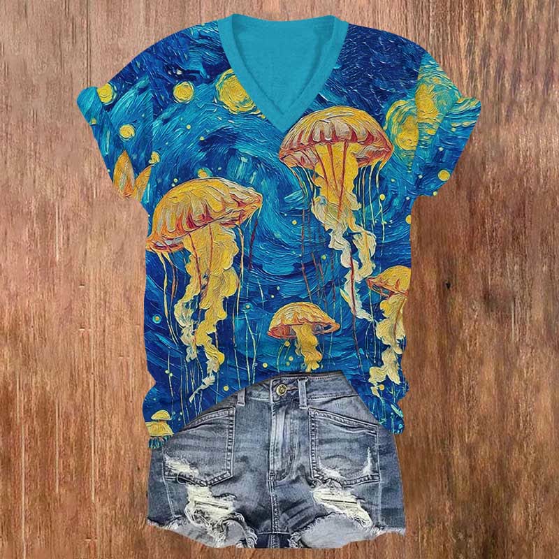 Vintage Oil Painting Jellyfish Art Print V-neck T-shirt - Blue - US32-34(5XL) - image 1