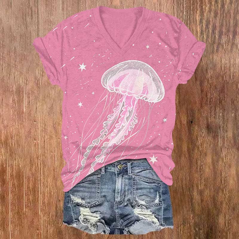 Creative Starry Fantasy Jellyfish Art Print V-neck T-shirt - Pink - US32-34(5XL) - image 2