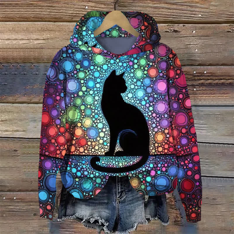 Retro Colorful Glass Black Cat Print Long Sleeve Hoodie - Multicolor - US44-46(8XL) - image 1