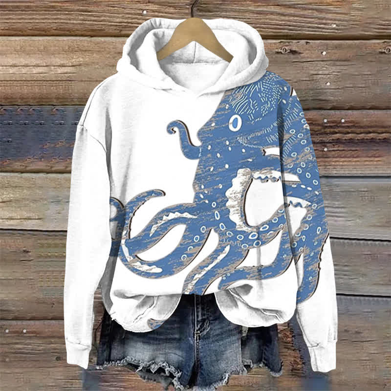 Retro Distressed Octopus Print Long Sleeve Hoodie - White - US44-46(8XL) - image 1