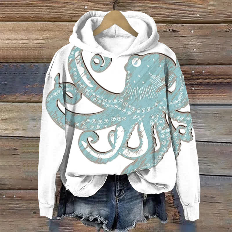 Retro Distressed Octopus Print Long Sleeve Hoodie - White - US44-46(8XL) - image 1