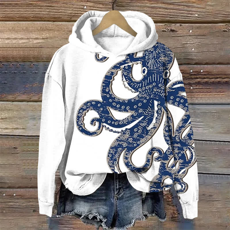 Retro Distressed Octopus Print Long Sleeve Hoodie - White - US44-46(8XL) - image 1