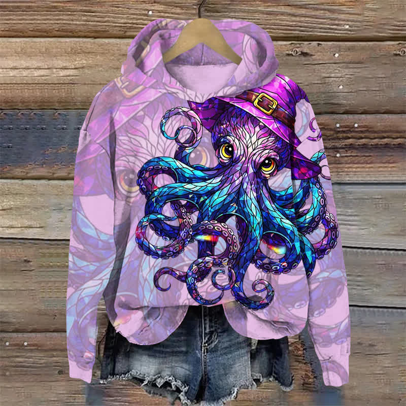 Creative Wizard Hat Glass Octopus Print Long Sleeve Hoodie - Purple - US44-46(8XL) - image 1