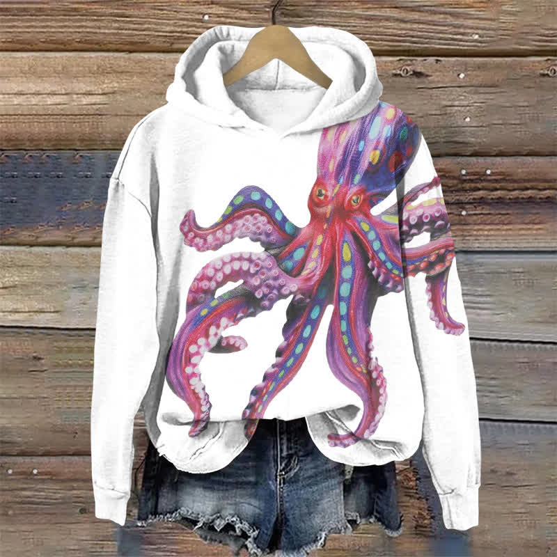 Creative Octopus Oil Painting Print Long Sleeve Hoodie - White - US44-46(8XL) - image 1