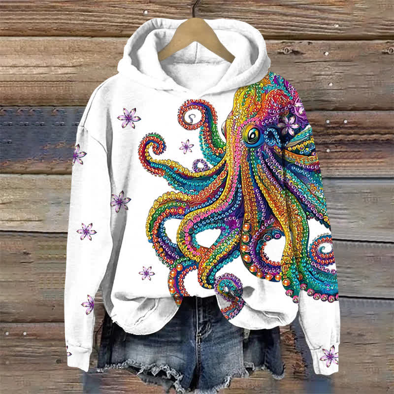 Creative Colorful Gemstone Octopus Print Long Sleeve Hoodie - White - US44-46(8XL) - image 1