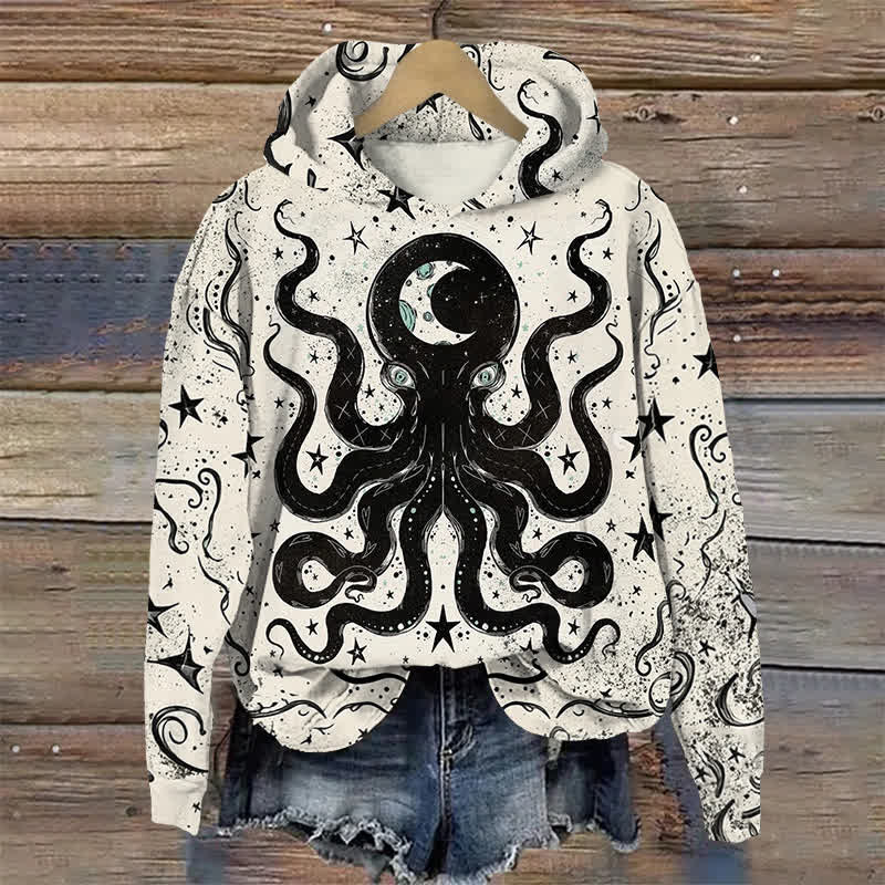 Star Moon Tarot Octopus Print Long Sleeve Hoodie - Black - US44-46(8XL) - image 1