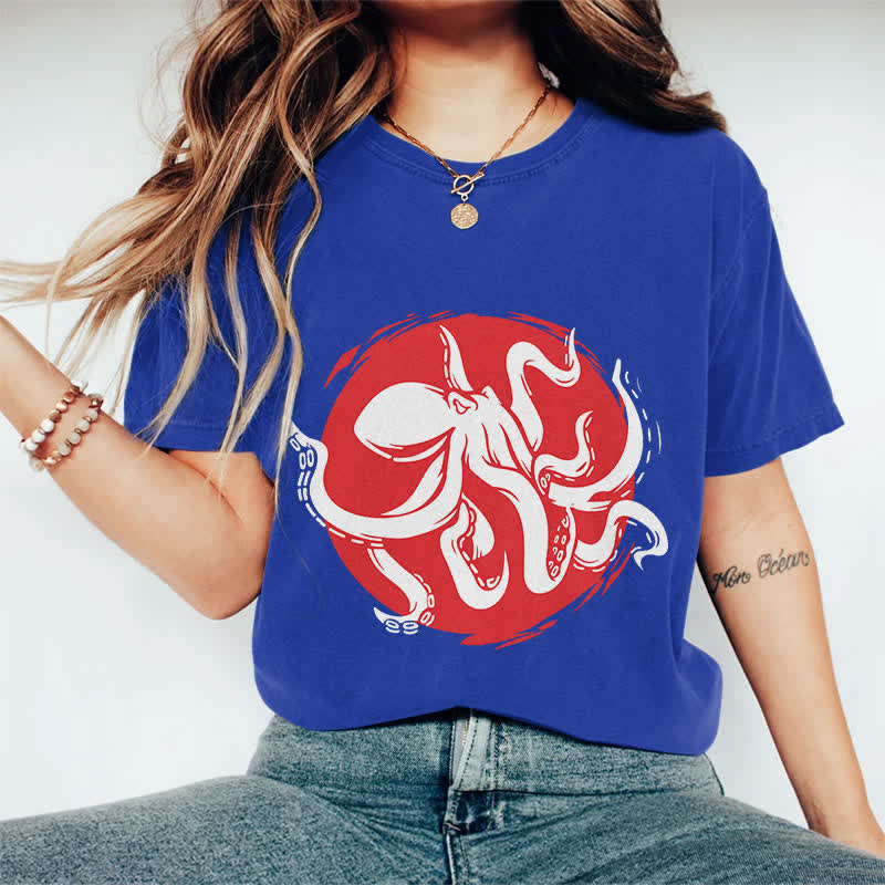 100% Cotton Japanese Abstract Octopus Art T-shirt - Royal Blue - 2XL - image 1