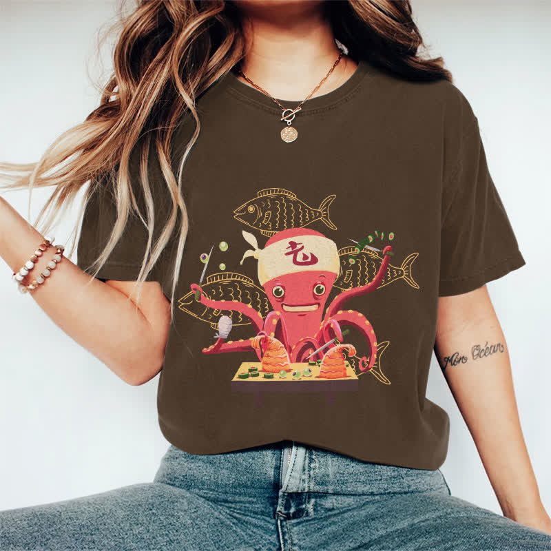 100% Cotton Japanese Octopus Making Sushi Art T-shirt - Coffee - 2XL - image 1