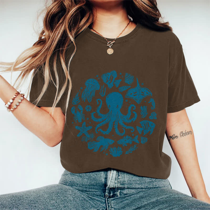 100% Cotton Japanese Cartoon Ocean Animals Art T-shirt - Coffee - 2XL - image 2