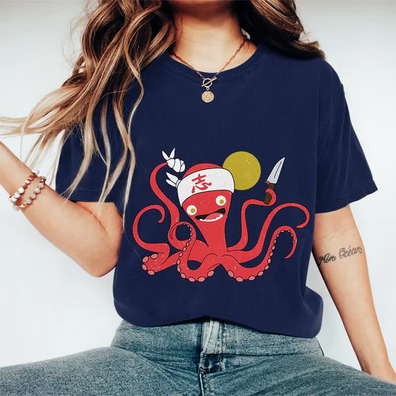 100% Cotton Japanese Funny Octopus Chef Art T-shirt - Dark Blue - 2XL - image 2