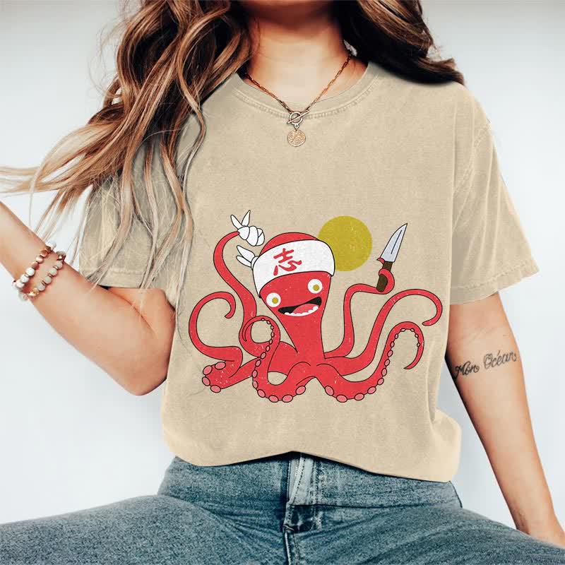 100% Cotton Japanese Funny Octopus Chef Art T-shirt - Apricot - 2XL - image 1