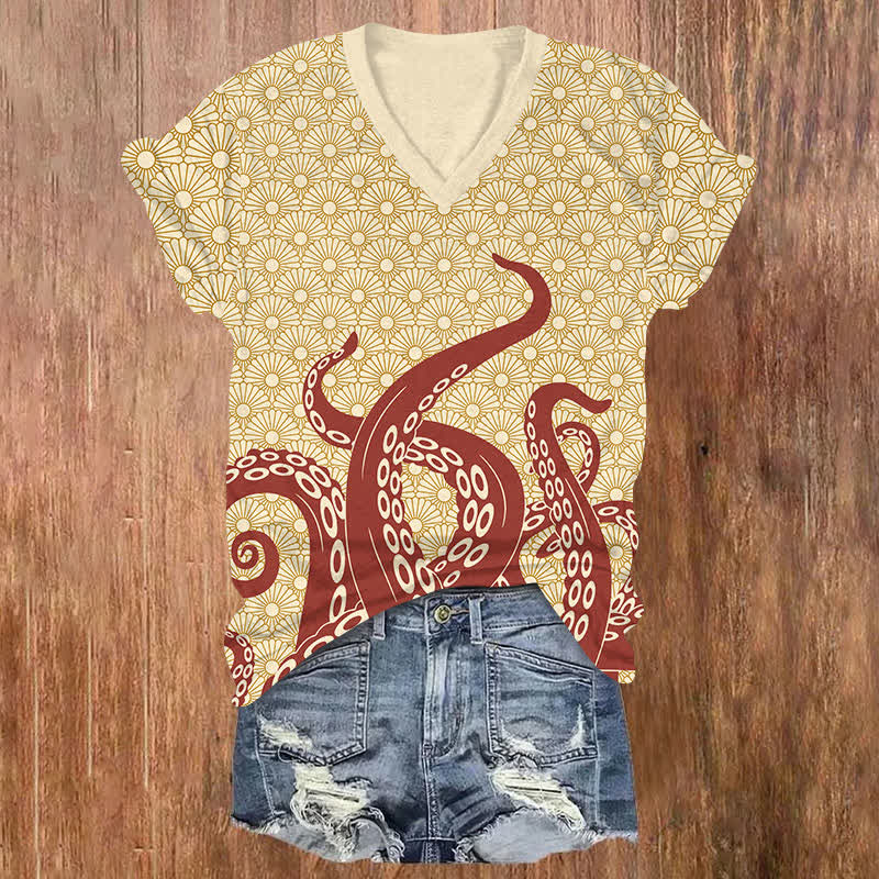 Japanese Sunflower Octopus Tentacles Art Print V-neck T-shirt - Yellow - US32-34(5XL) - image 1