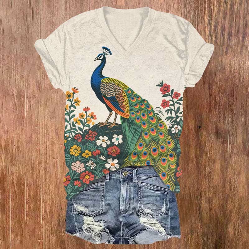 Peacock And Flowers Art Print V-neck T-shirt - Beige - US32-34(5XL) - image 2