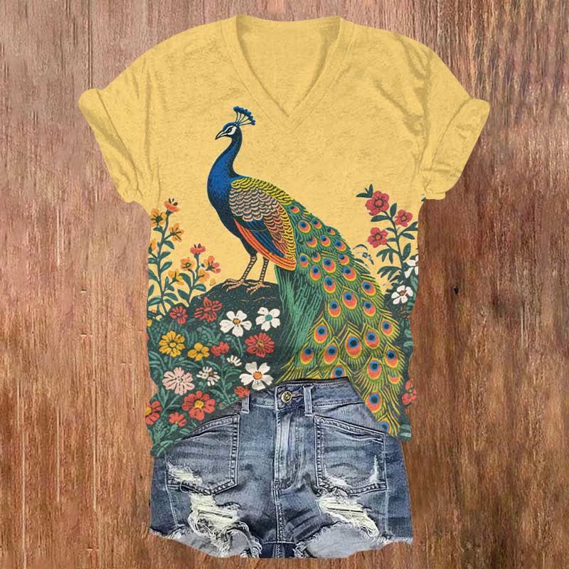 Peacock And Flowers Art Print V-neck T-shirt - Yellow - US32-34(5XL) - image 1