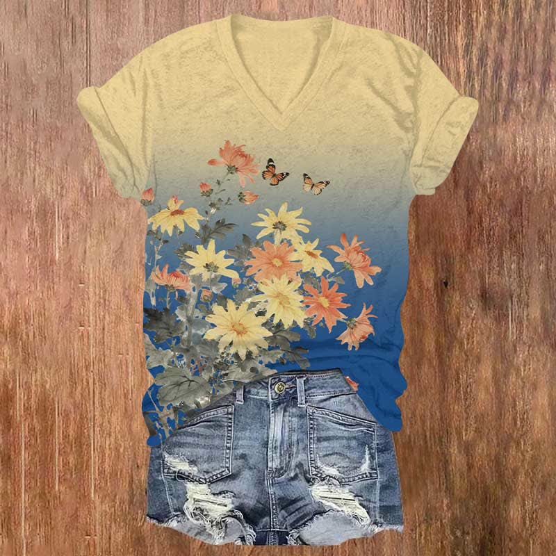 Butterflies And Flowers Art Print V-neck T-shirt - Blue - US32-34(5XL) - image 1