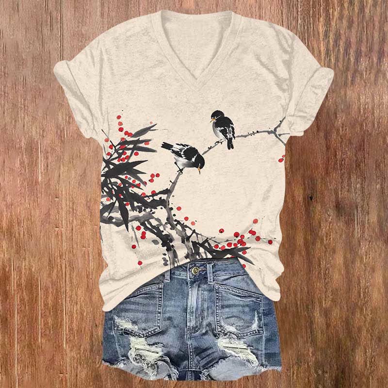 Japanese Vintage Bird Art Print V-neck T-shirt - Apricot - US32-34(5XL) - image 1