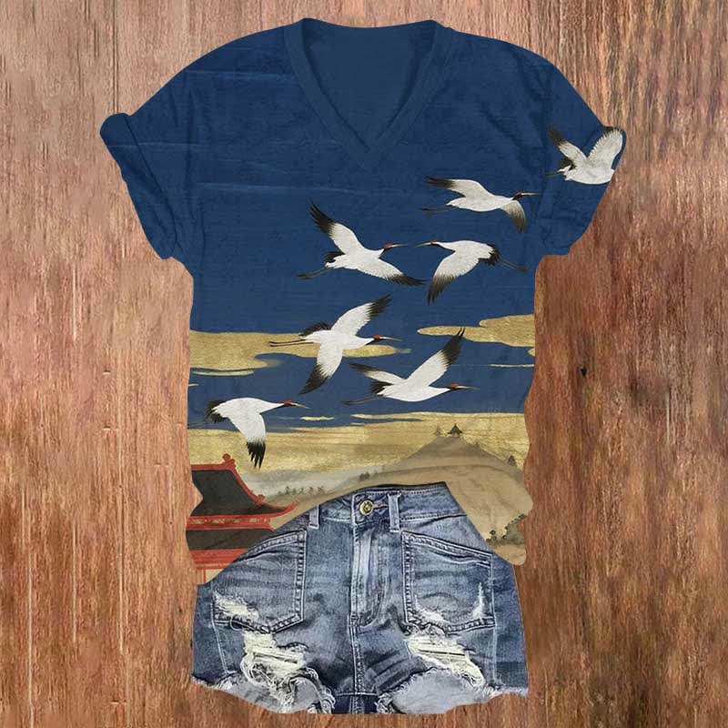 Japanese Art Flying Cranes Print V-neck T-shirt - Blue - US32-34(5XL) - image 1