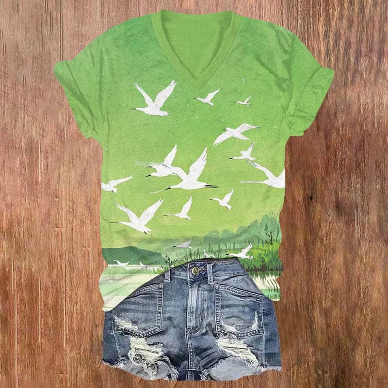 Japanese Art Flying Cranes Art Print V-neck T-shirt - Green - US32-34(5XL) - image 2