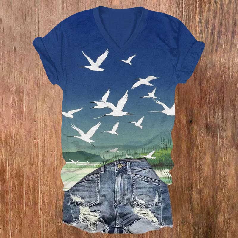 Japanese Art Flying Cranes Art Print V-neck T-shirt - Blue - US32-34(5XL) - image 3