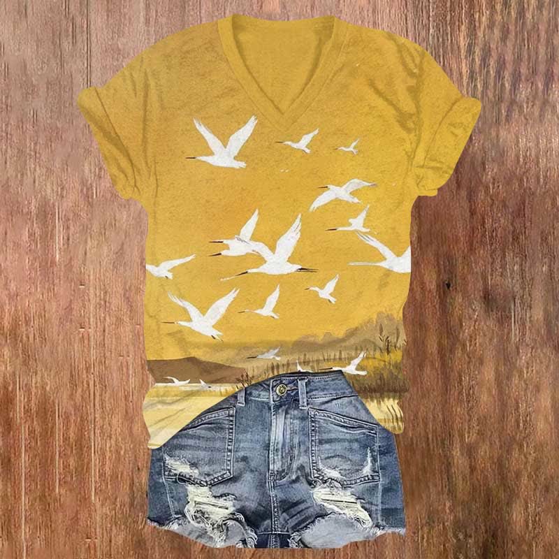 Japanese Art Flying Cranes Art Print V-neck T-shirt - Yellow - US32-34(5XL) - image 1