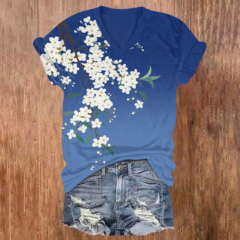 Japanese Art Floral Art Print V-neck T-shirt - Blue - US32-34(5XL) - image 2