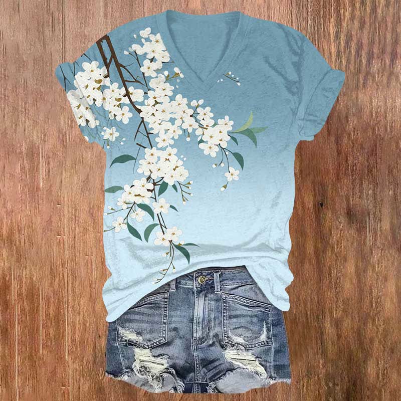 Japanese Art Floral Art Print V-neck T-shirt - Sky Blue - US32-34(5XL) - image 1