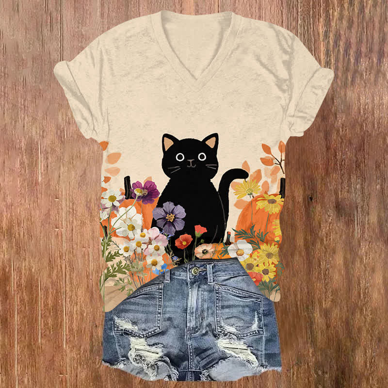 Japanese Oil Painting Black Cat & Colorful Chrysanthemum Print V-neck T-shirt - Apricot - US32-34(5XL) - image 1