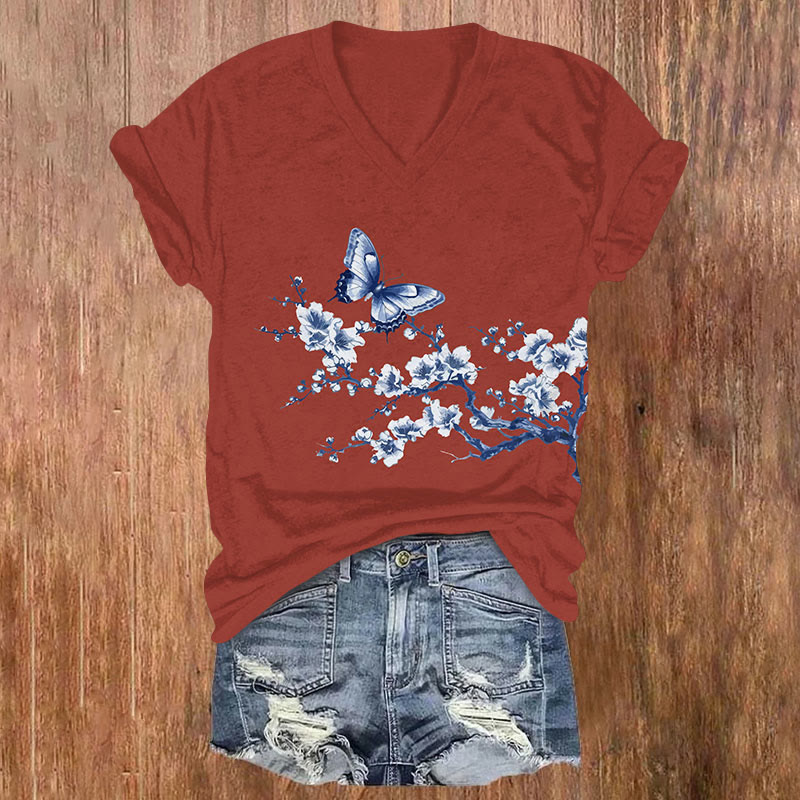 Japanese Blue And White Porcelain Butterfly Print V-neck T-shirt - Red - US32-34(5XL) - image 2