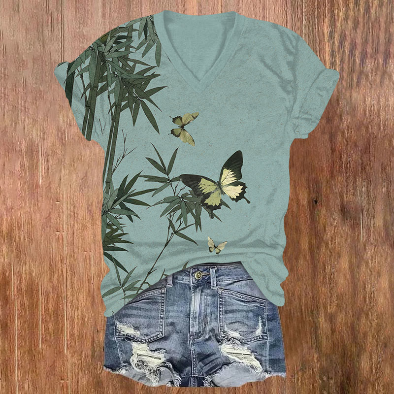 Japanese Bamboo Forest Butterfly Print V-neck T-shirt - Green - US32-34(5XL) - image 1