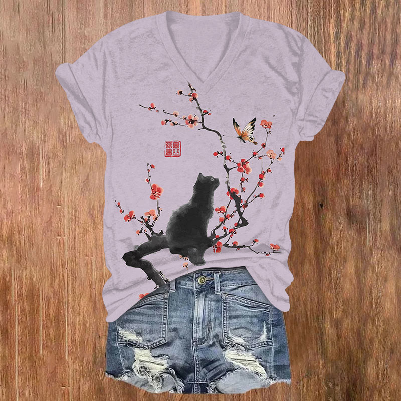Japanese Style Ink Painting Plum Blossom Black Cat Butterfly Print V-neck T-shirt - Purple - US32-34(5XL) - image 1