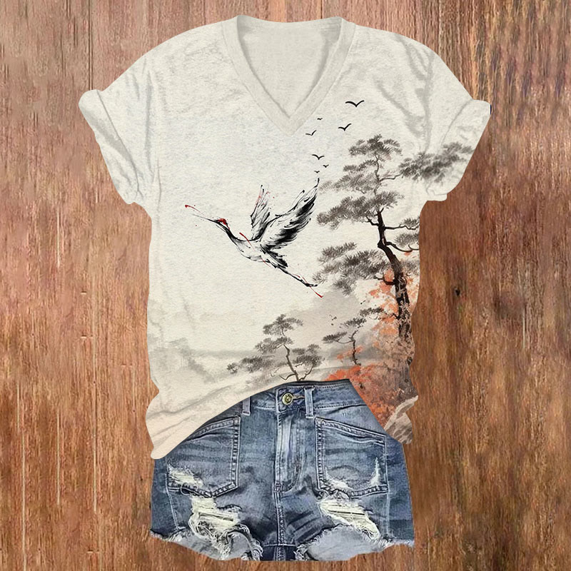 Japanese Ink Landscape Crane Print V-neck T-shirt - Apricot - US32-34(5XL) - image 1