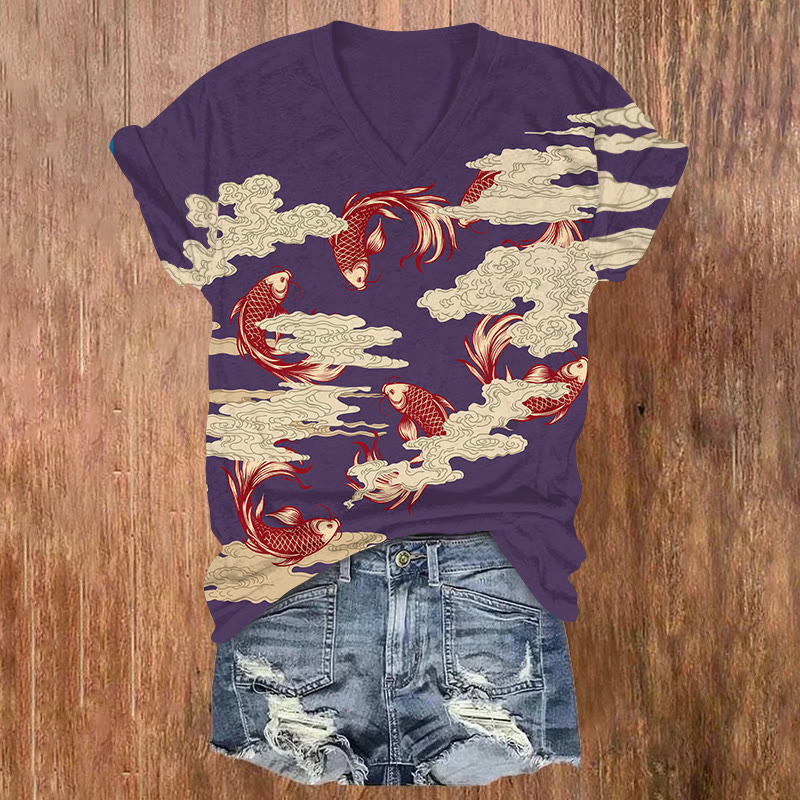 Japanese Cloud Pattern Koi Print V-neck T-shirt - Purple - US32-34(5XL) - image 2