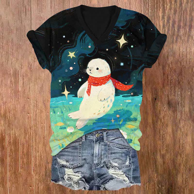 Oil Painting Starry Seal Art Print V-neck T-shirt - Black - US32-34(5XL) - image 1