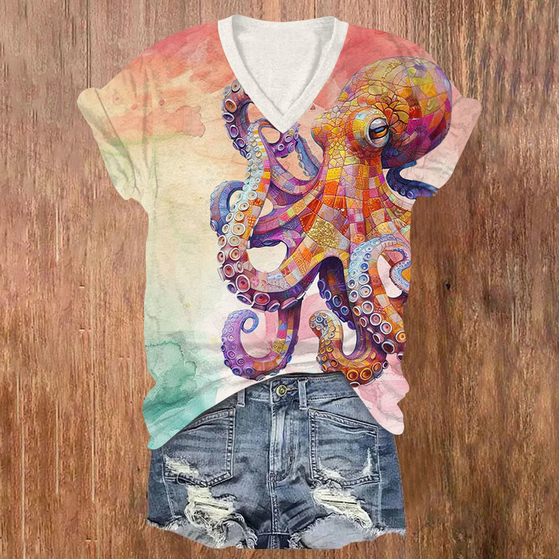 Stained Glass Watercolor Octopus Print V-neck T-shirt - Multicolor - US32-34(5XL) - image 1