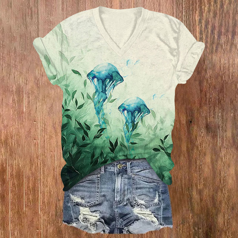 Oil Painting Style Seaweed Jellyfish Print V-neck T-shirt - Apricot - US32-34(5XL) - image 1